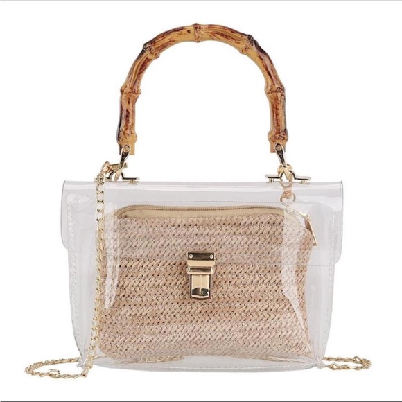 Handbags - Clear stadium handbag featuring straw pouch, bamboo-look handle and chain strap.